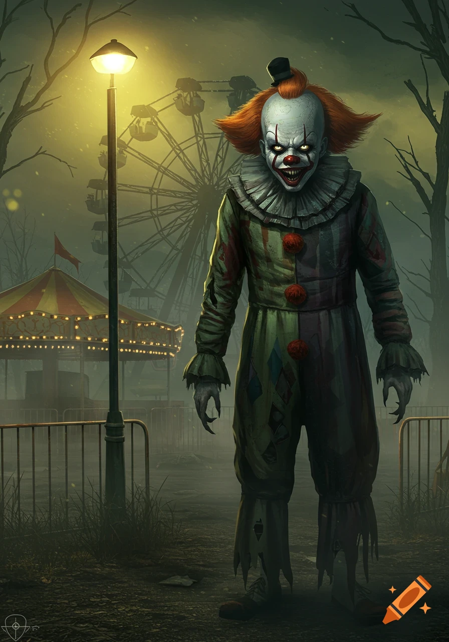 A terrifying clown with glowing eyes and sharp claws stands in a dark, misty abandoned carnival at night.