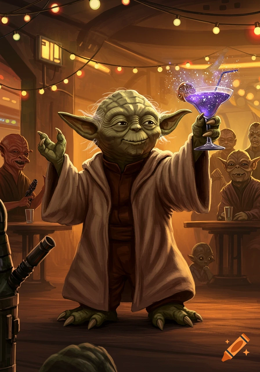 Yoda holds a glowing purple cocktail, smiling in a dimly lit, bustling alien bar with other patrons.