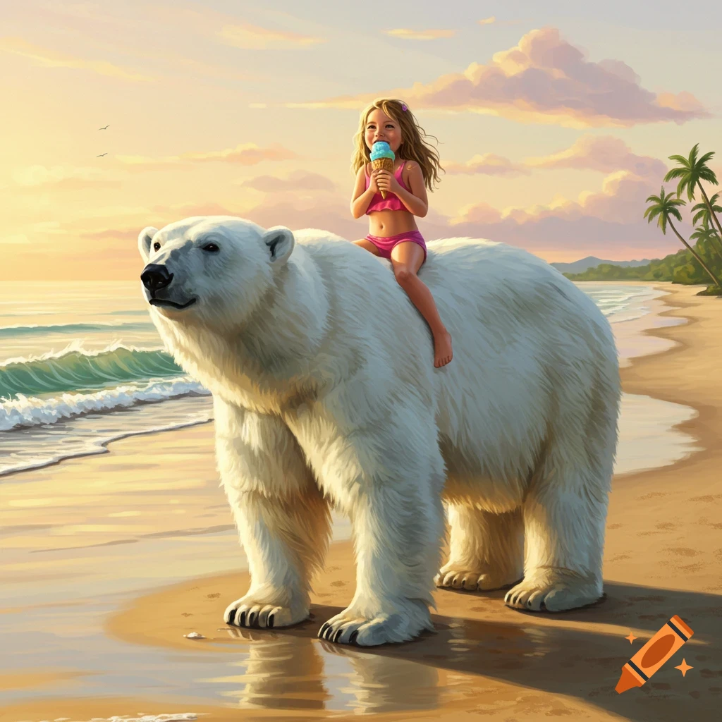 A smiling girl in a pink swimsuit rides a large polar bear on a sunny beach with palm trees and ocean waves.
