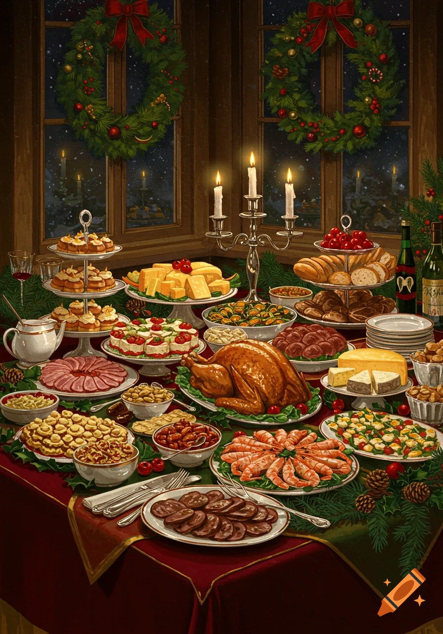 A lavish Christmas buffet with a roasted turkey, cheeses, desserts, and various dishes on a candlelit table, with wreaths on windows.