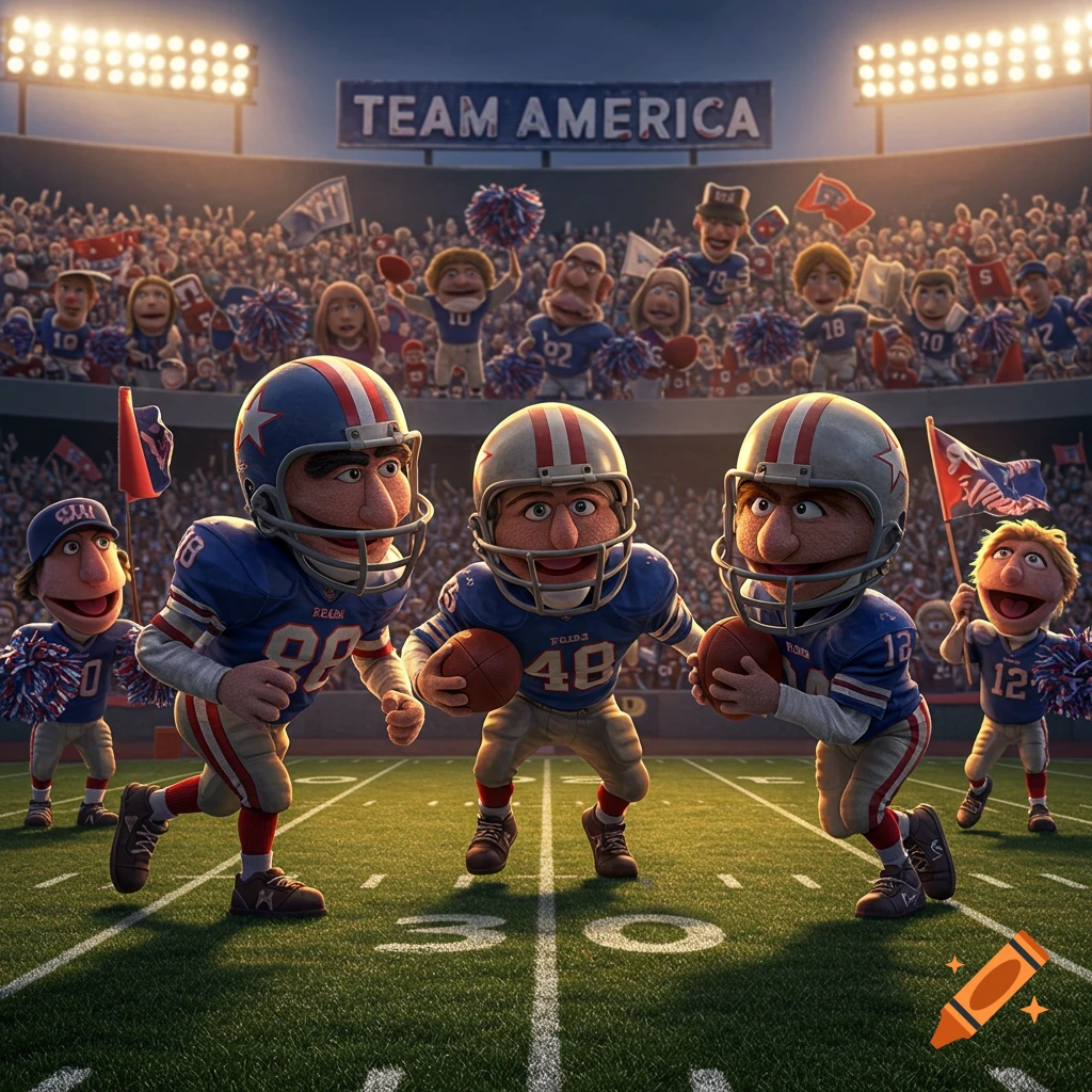 Three cartoon puppet football players in blue jerseys run on a field in a stadium with a cheering crowd and 'TEAM AMERICA' on the scoreboard.