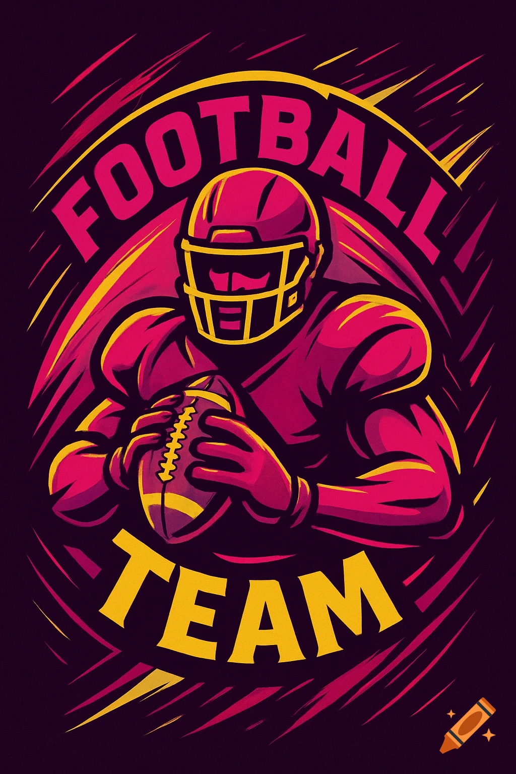 Stylized magenta and yellow logo of an American football player holding a football, with "FOOTBALL TEAM" text.