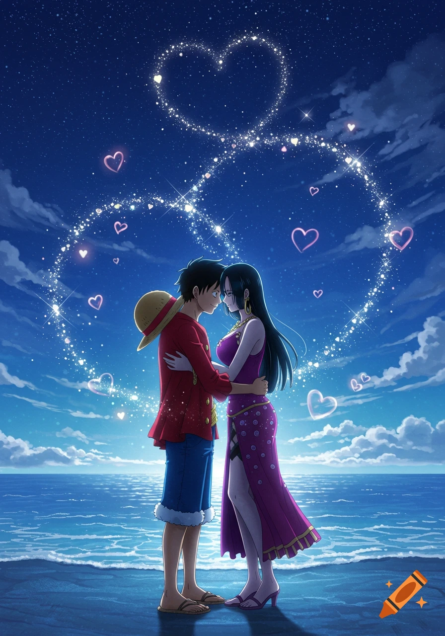 Luffy and Hancock embrace on a beach under a starry, heart-filled sky in an anime style.