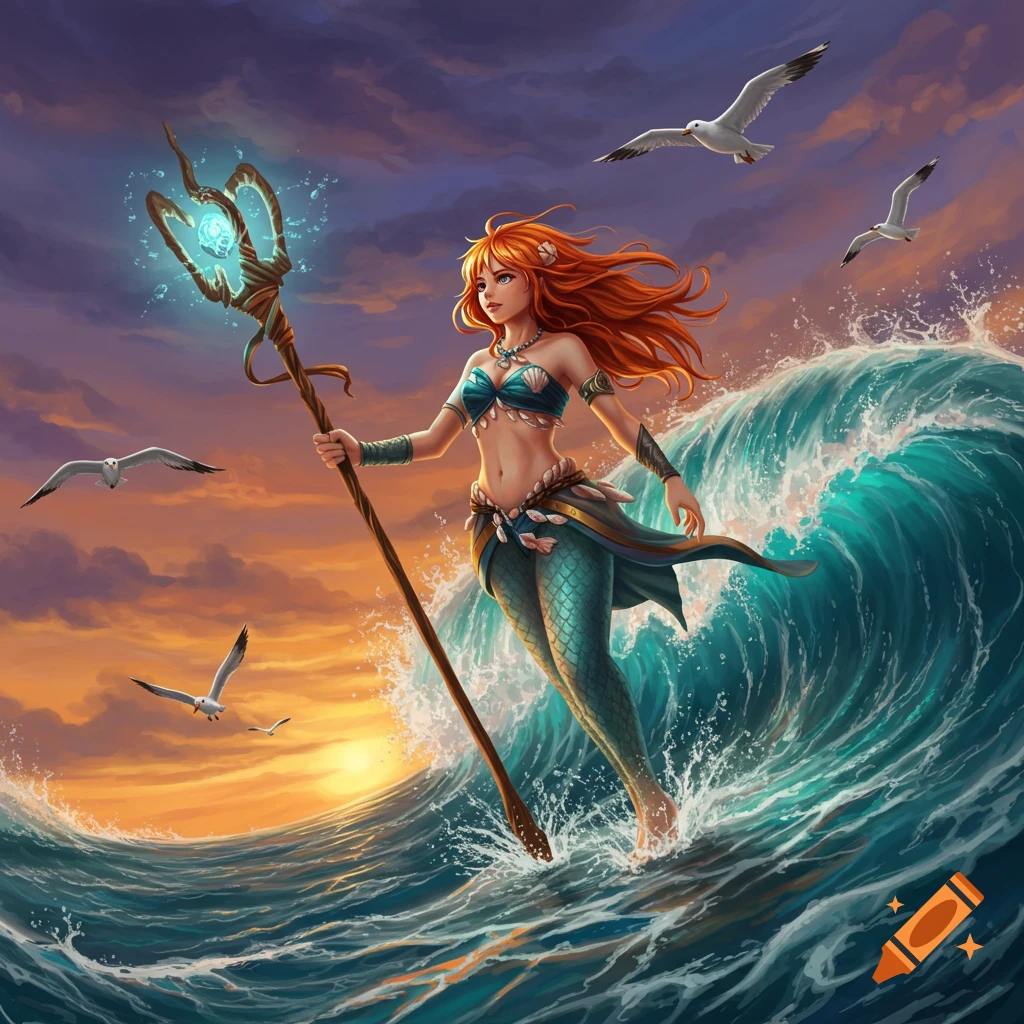 Red-haired mermaid rides a glowing staff on a huge ocean wave at sunset, with seagulls flying.