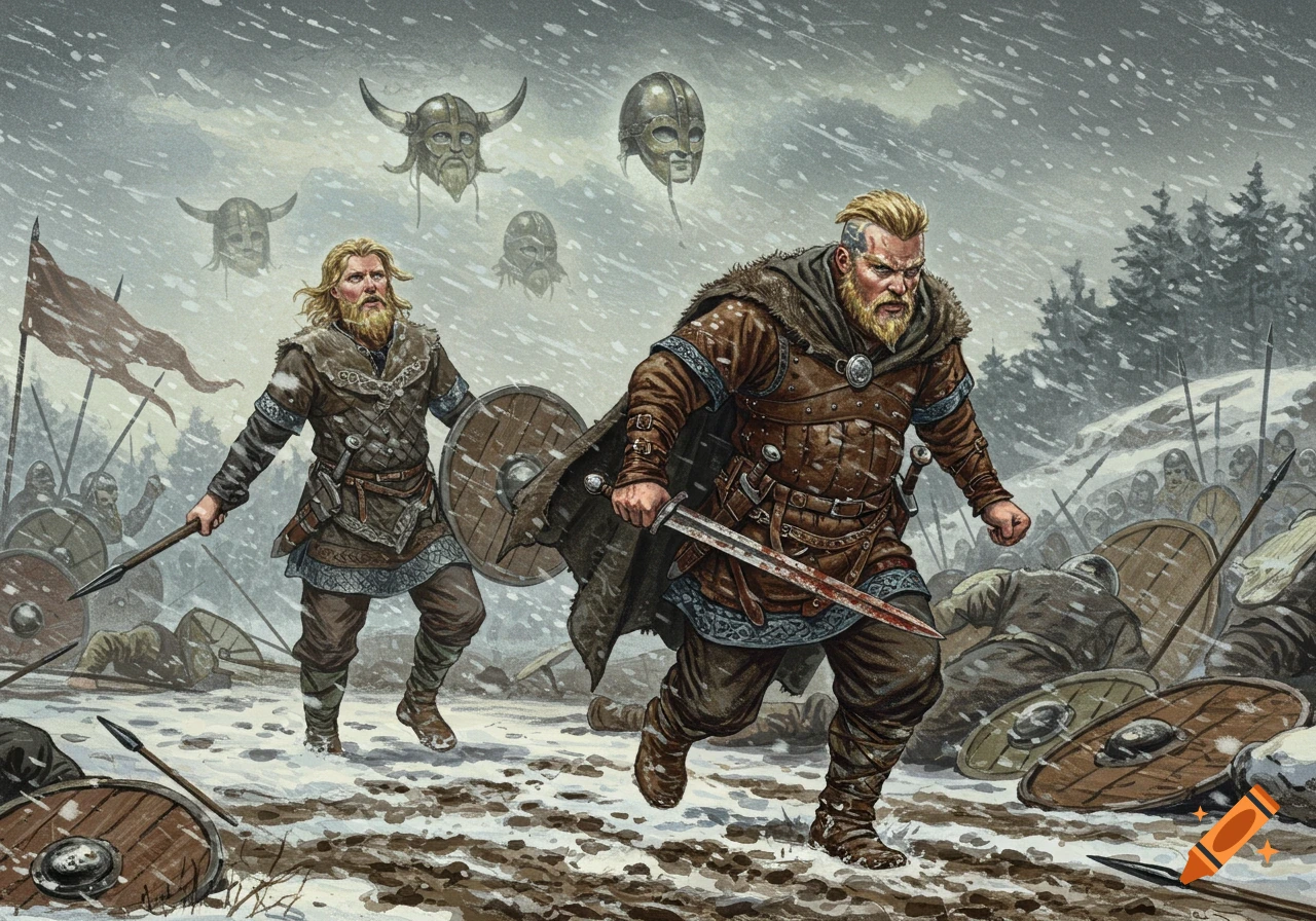 Two Vikings in leather armor run on a snowy battlefield, amidst fallen warriors and floating helmets, in a vintage copperplate engraving style.
