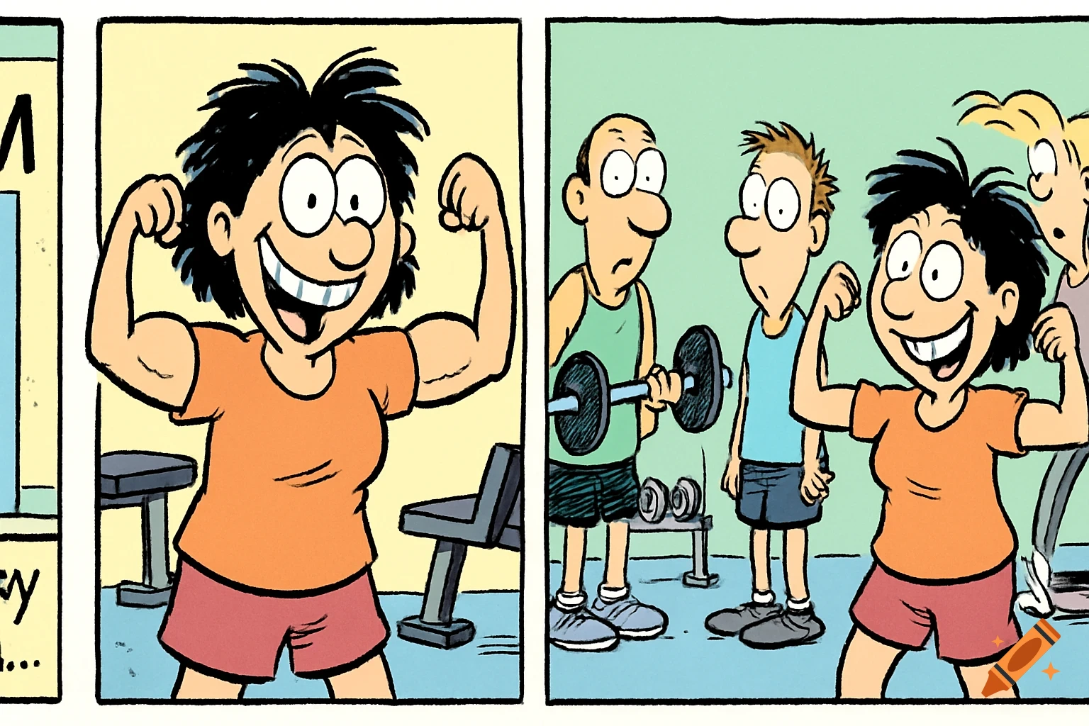 A cartoon woman with black hair flexes her muscles at a gym, while two men watch in surprise in a comic strip style.