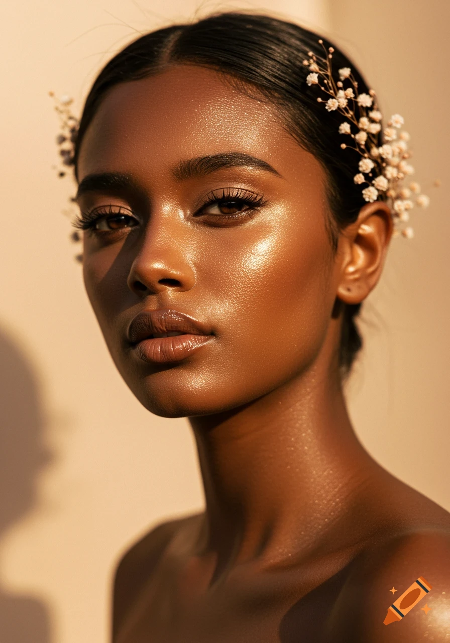 Close-up photorealistic portrait of a woman with dark, glowing skin and delicate white flowers in her hair, bathed in warm light.