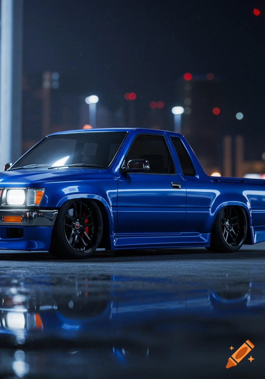 A sleek, royal blue slammed Toyota Hilux pickup truck is parked on a wet surface at night, illuminated by streetlights.