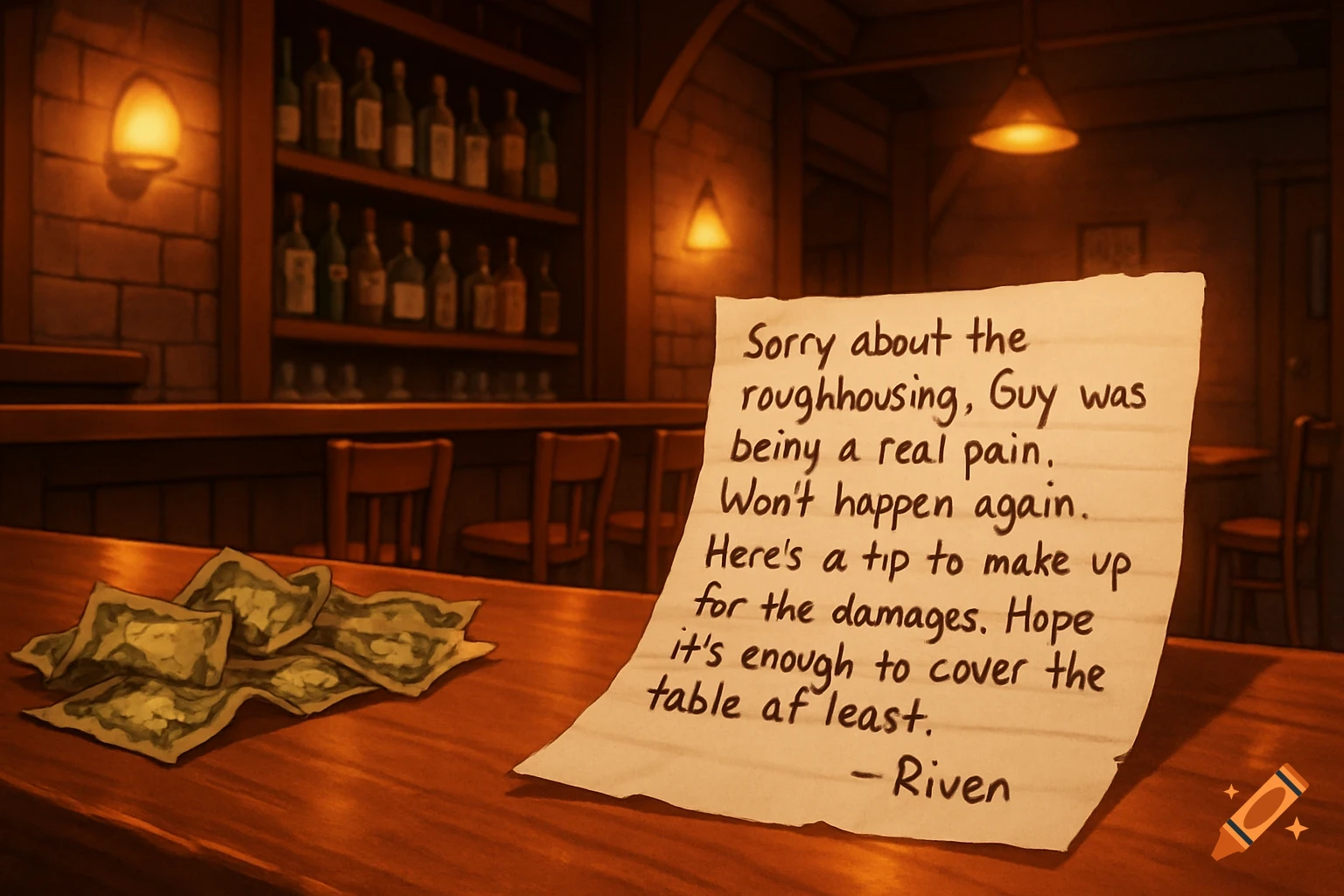 Anime style image of a dimly lit bar interior with a handwritten note and crumpled money on the wooden counter.