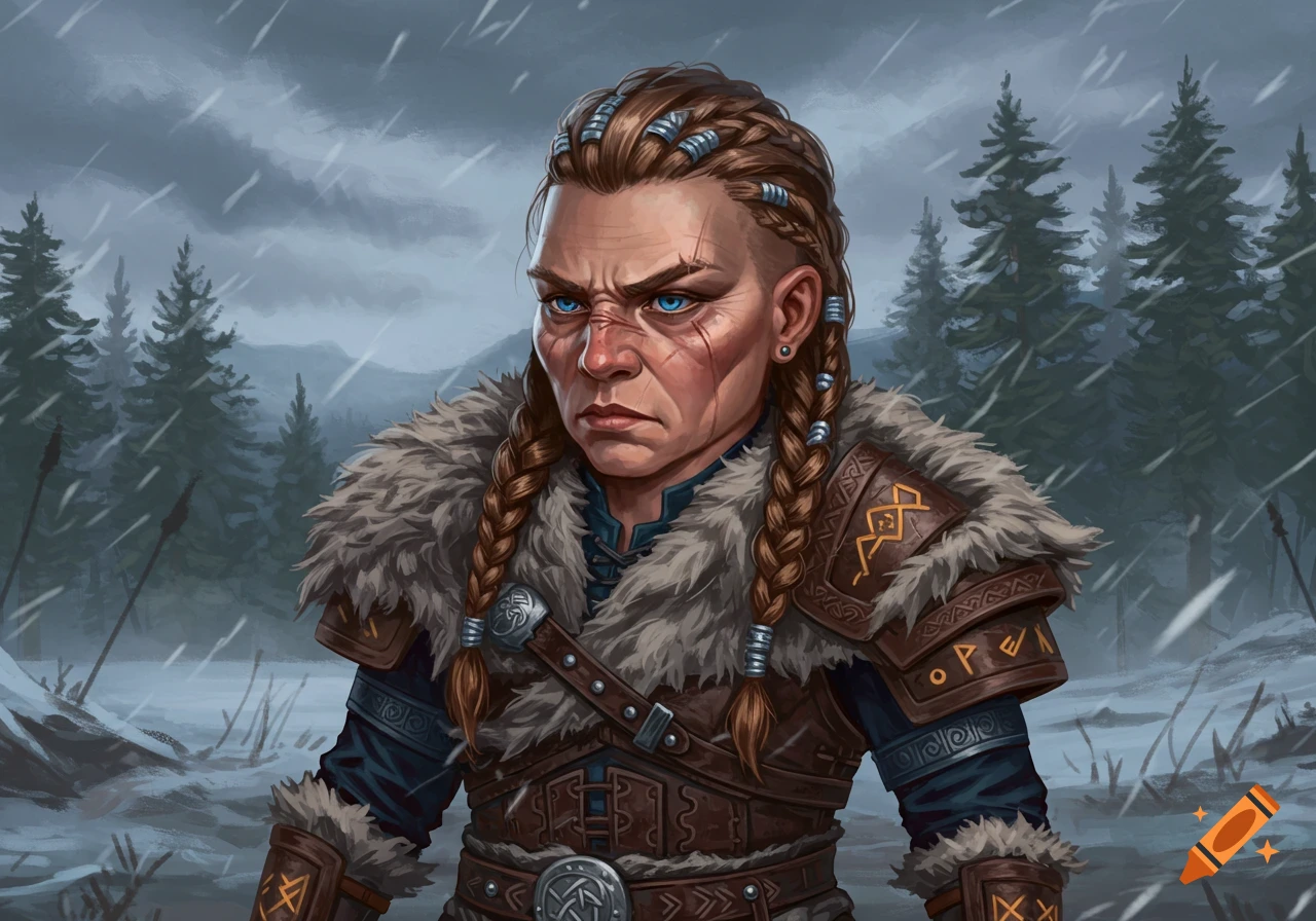 A grim, blue-eyed gnome woman in braided hair and fur-lined viking armor stands in a snowy forest.