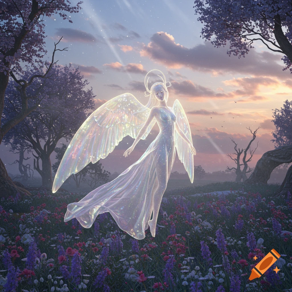 An ethereal glowing angel with iridescent wings and a halo floats over a field of purple and pink flowers at sunrise.