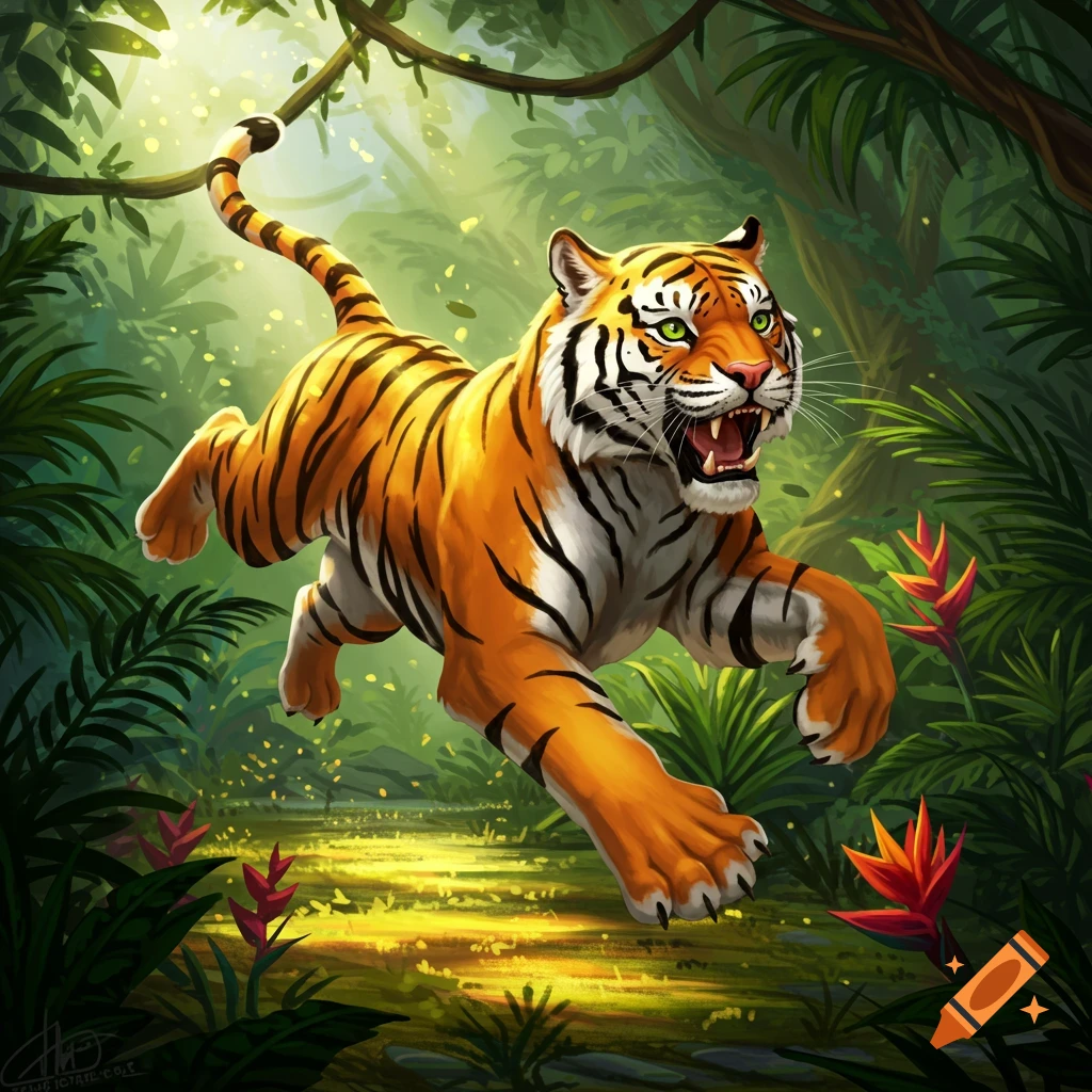 A stylized illustration of a vibrant orange tiger running through a lush, sunlit jungle.