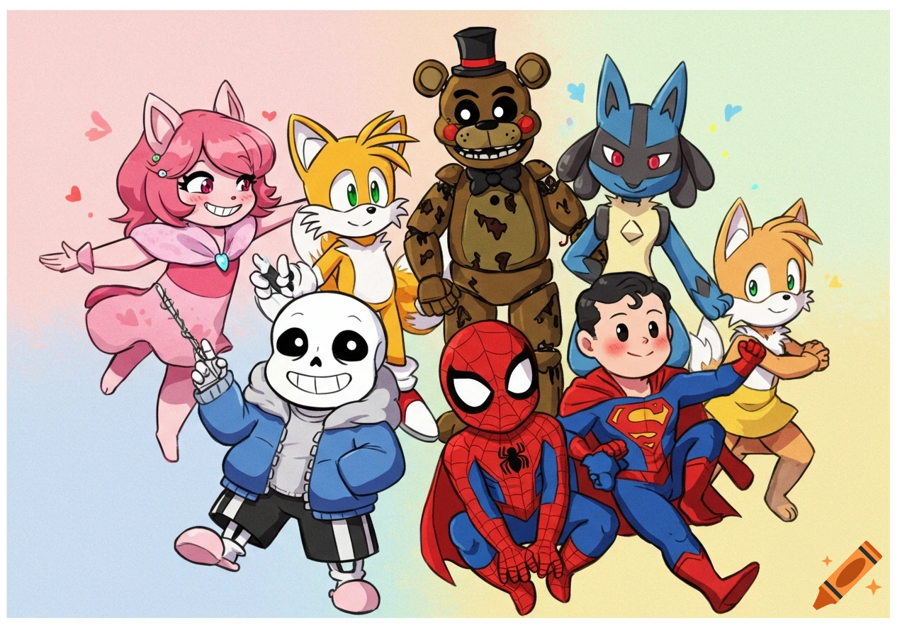 Cartoon crossover of Sans, Tails, Freddy Fazbear, Spider-Man, Superman, Lucario, and a pink cat-girl posing happily on a pastel background.