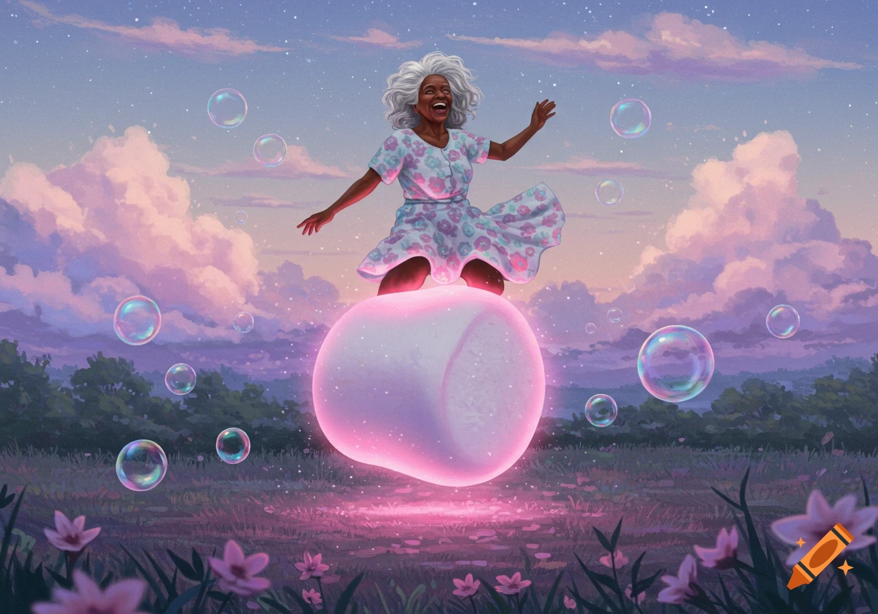 Joyful elderly woman bounces on a glowing marshmallow in a whimsical field with bubbles and pink clouds, digital art.