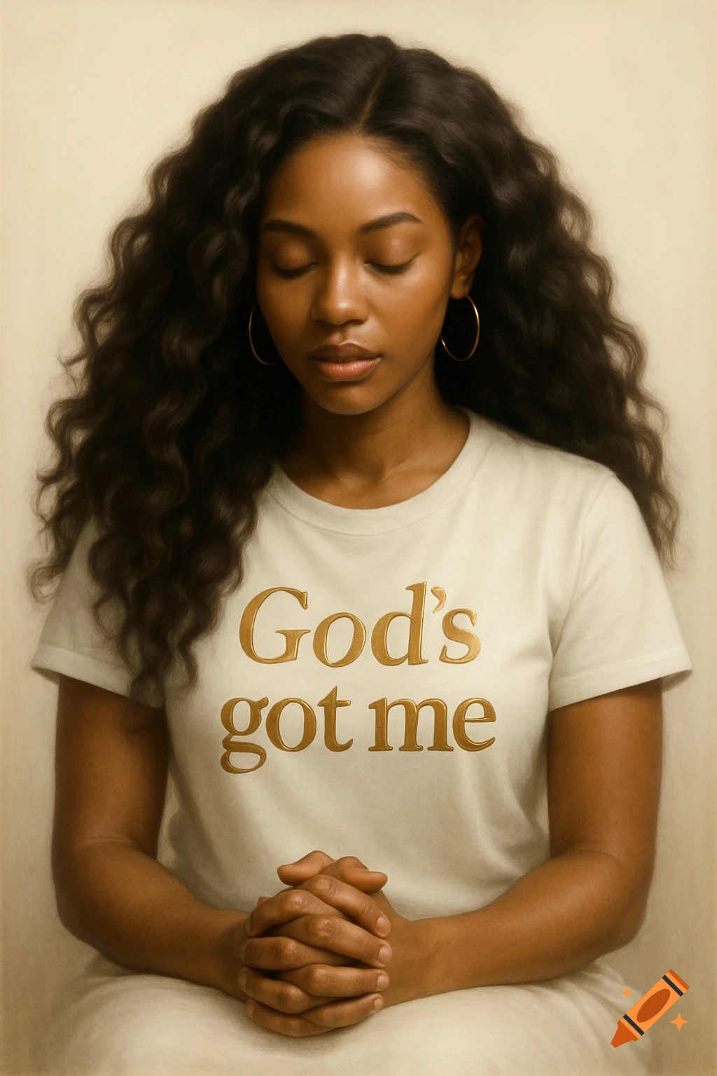 Digital oil painting of an African American woman with eyes closed, hands clasped, wearing a 'God's got me' t-shirt.
