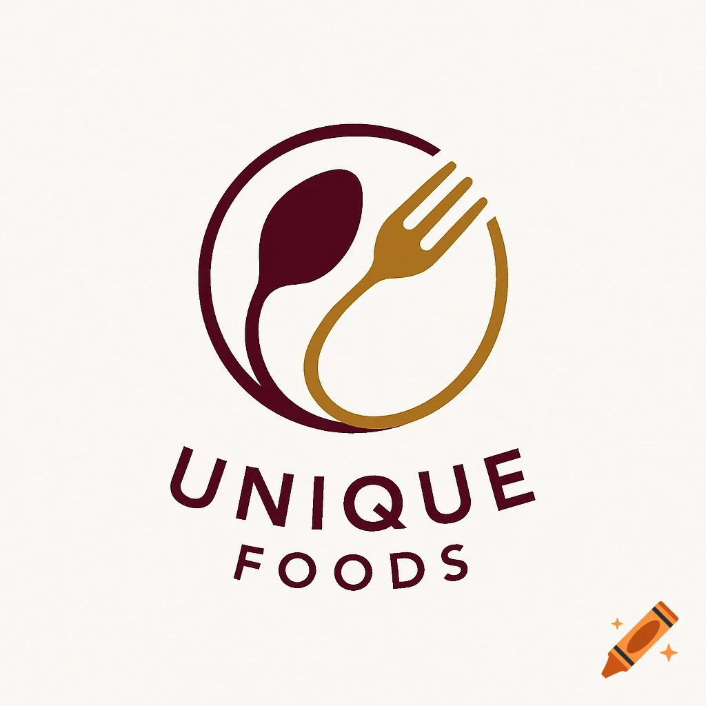 A minimalist logo for Unique Foods with a maroon spoon and a gold fork forming a circular design on a white background.
