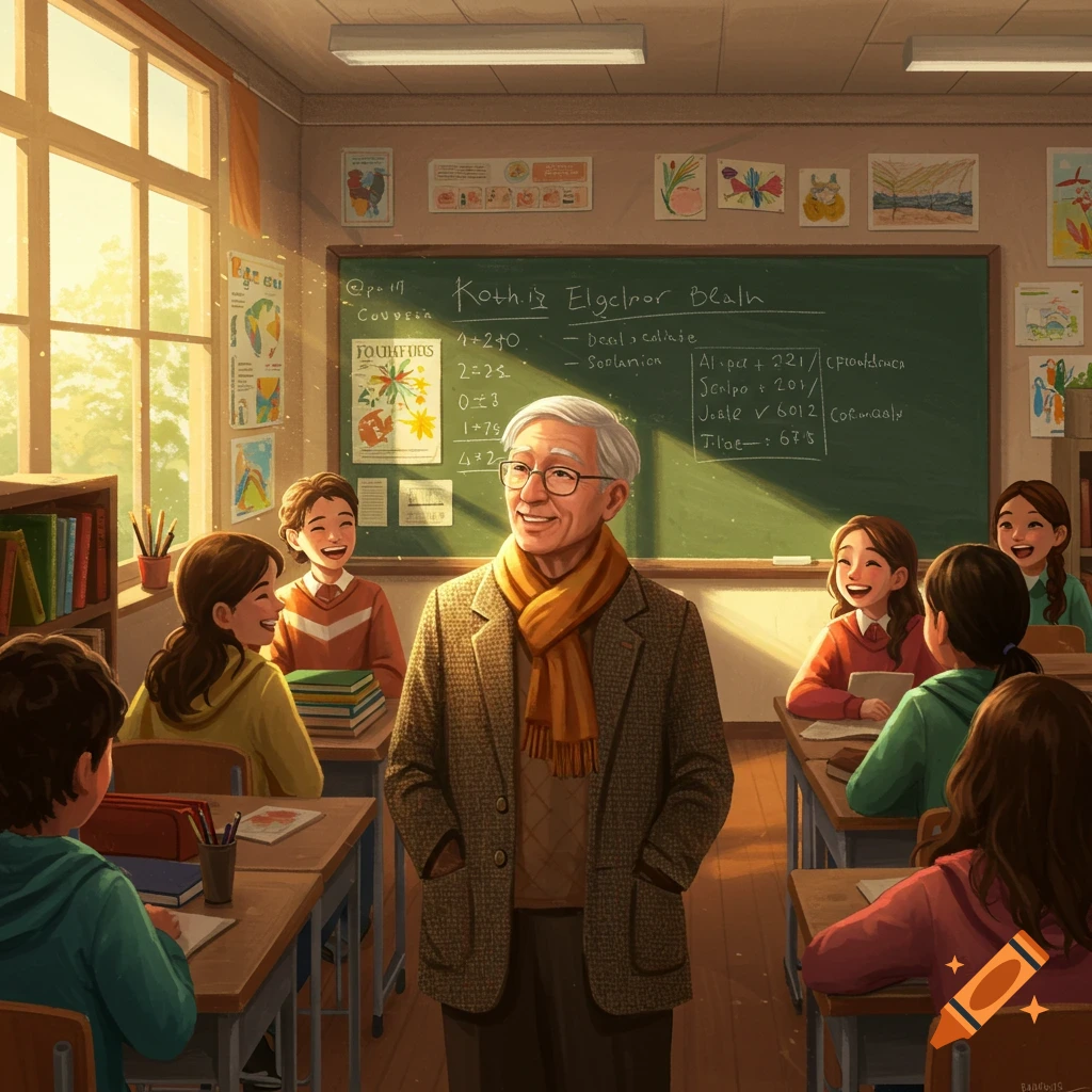 An elderly male teacher with gray hair and glasses, wearing a tweed jacket and orange scarf, stands smiling in a bright classroom while students smile and laugh at their desks.