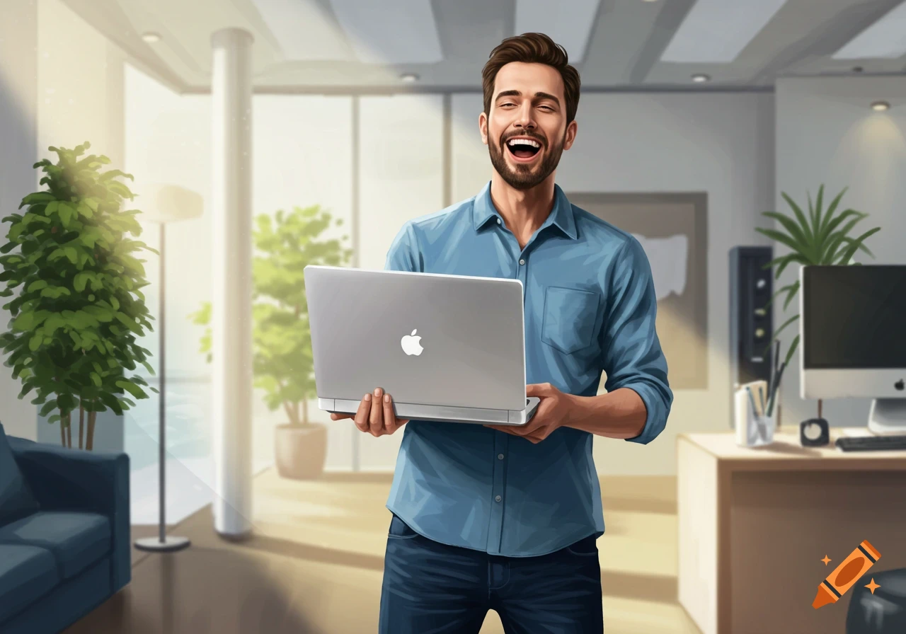 A happy man in a blue shirt holds a silver laptop with an Apple logo in a modern office.