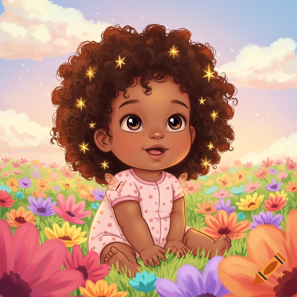 Cartoon baby girl with curly brown hair, sparkling, sitting in a field of colorful flowers under a pastel sky.