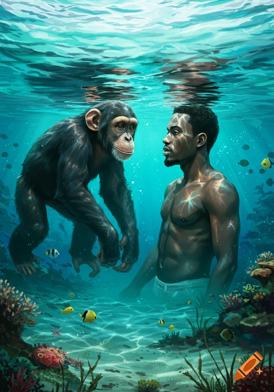 A chimp and a Black man face each other underwater amid coral, fish, and dappled sunlight.