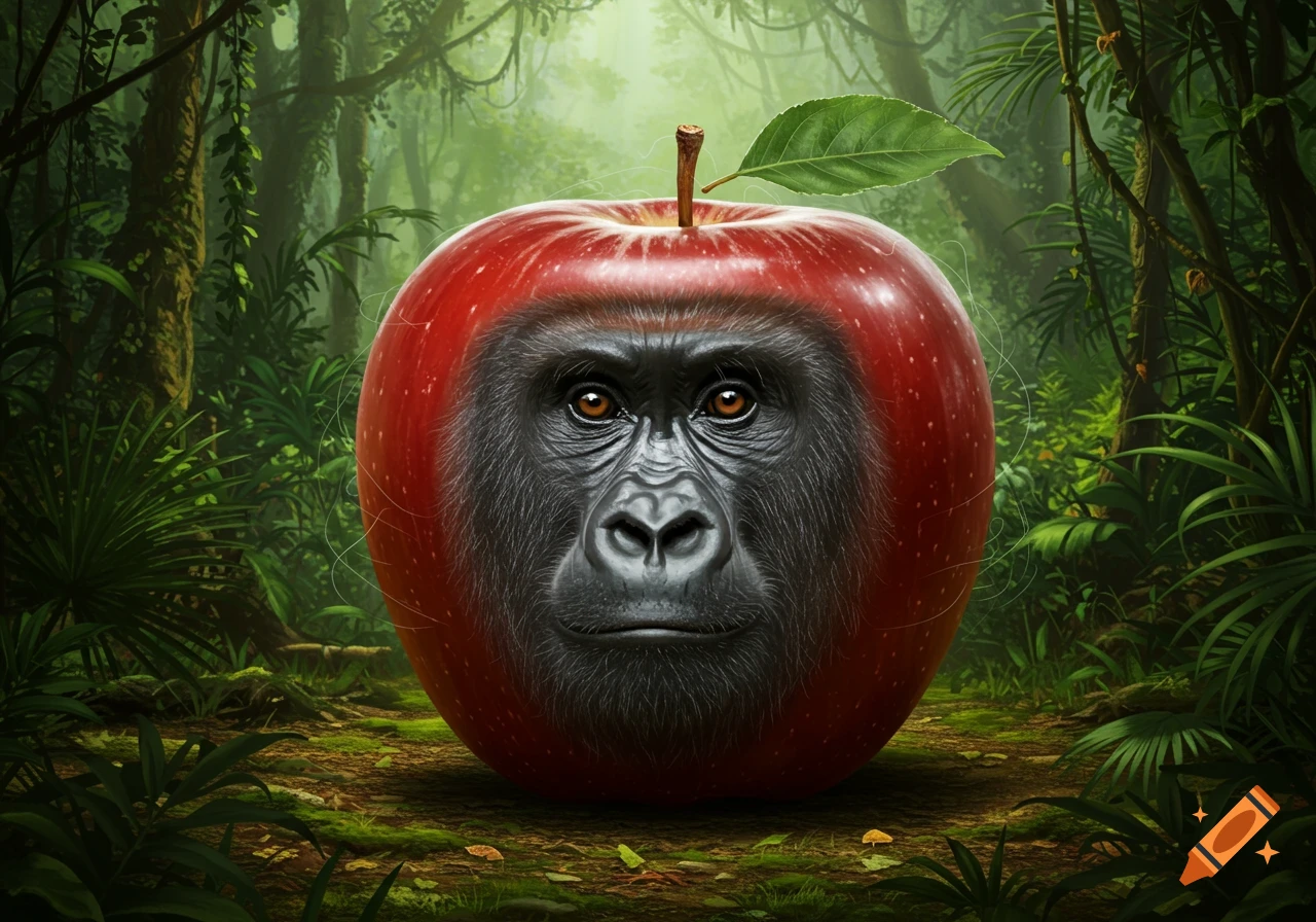 Photorealistic image of a red apple with a gorilla's face in a lush jungle.