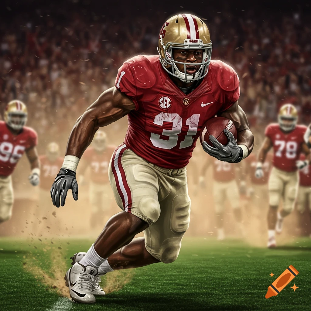 A muscular football player in a red and gold uniform runs with the ball on a green field during a game.