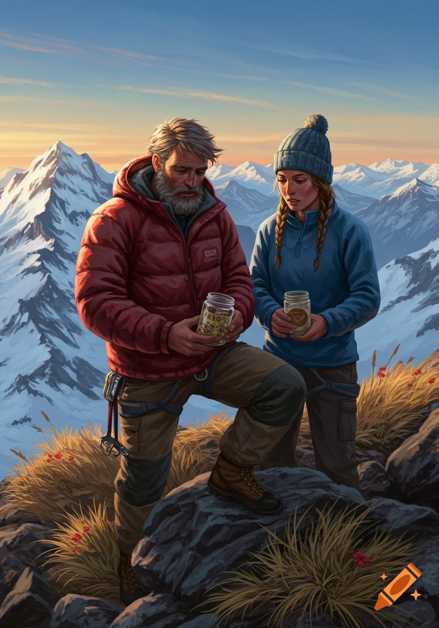 Two climbers on a rocky mountain peak at sunset, looking into jars of trail mix in a detailed illustration style.
