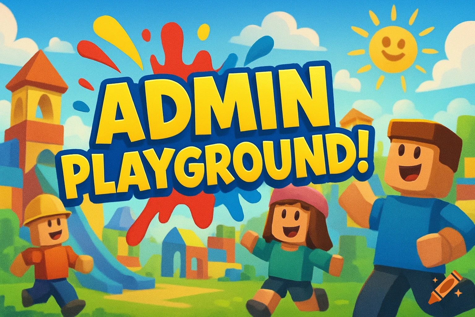 Colorful, Roblox-themed illustration of blocky children playing in a vibrant playground, with the text "ADMIN PLAYGROUND!" prominently displayed.