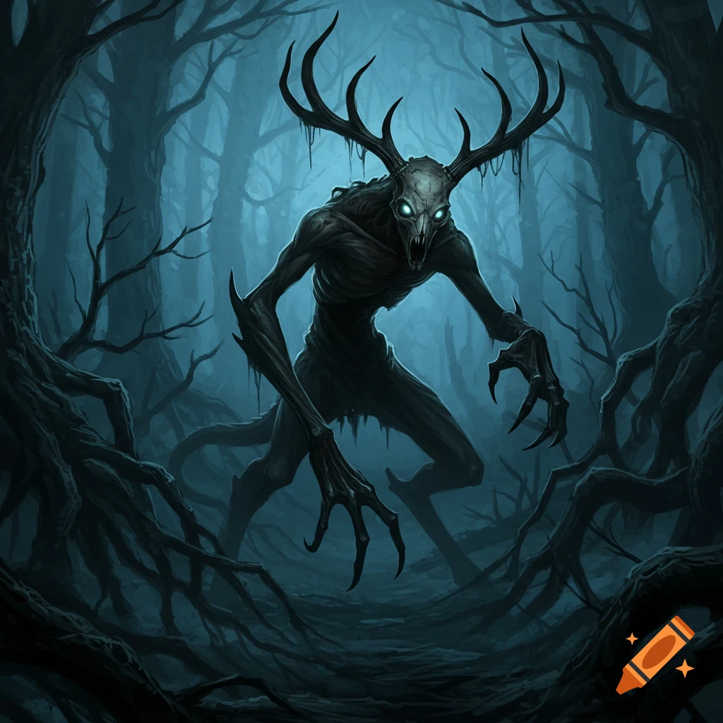 A skeletal, antlered monster with glowing eyes and sharp claws in a dark, misty forest. Dark fantasy illustration.