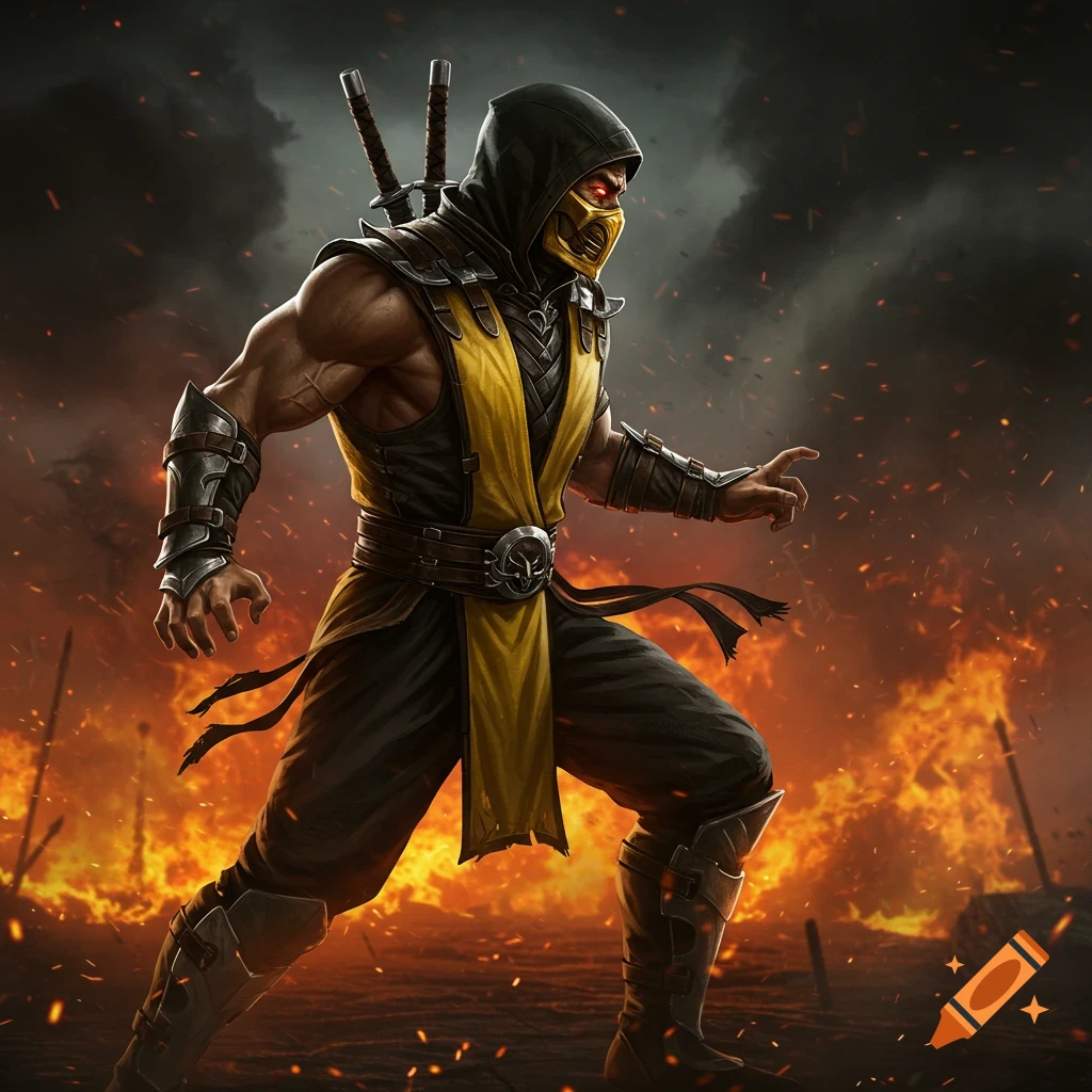 Scorpion from Mortal Kombat in his yellow and black ninja outfit, standing amidst flames with a dark, smoky sky.