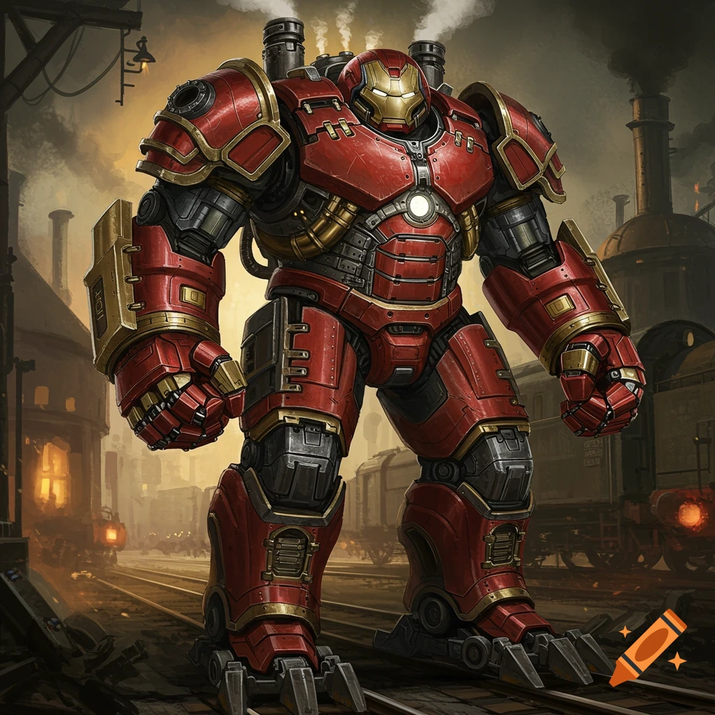 A large red and gold steampunk-style robotic suit, resembling a Hulkbuster, stands on train tracks in an industrial setting.