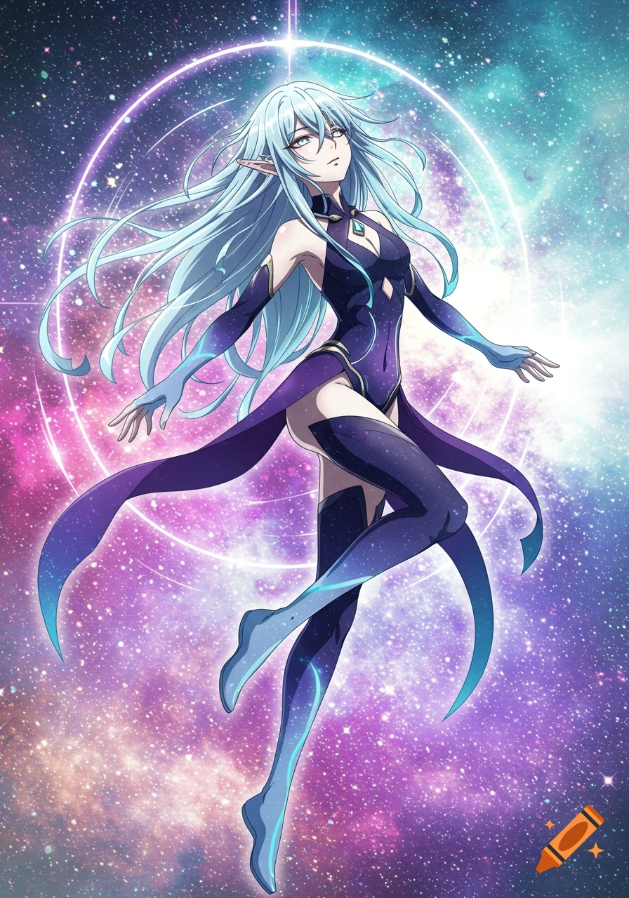 Anime female character with blue hair and elf ears in a purple and blue outfit floats in a starry galaxy.