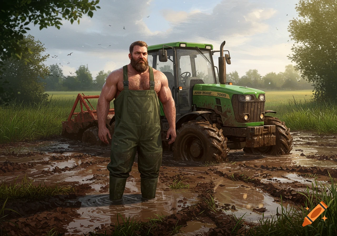 A muscular, bearded man in green overalls stands in mud next to a green tractor in a rural field.