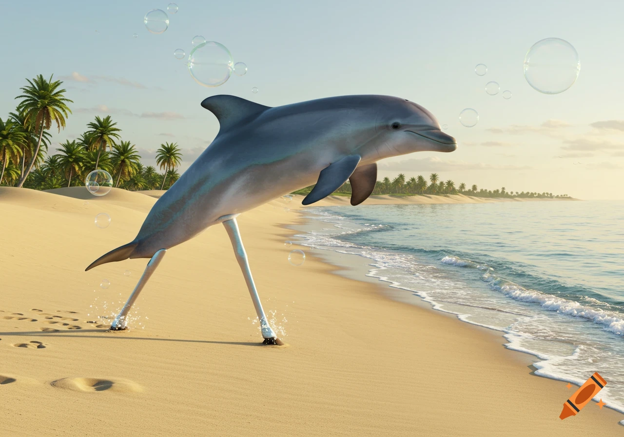 A photorealistic dolphin with long, slender legs walks on a tropical sandy beach with palm trees, ocean, and floating bubbles.