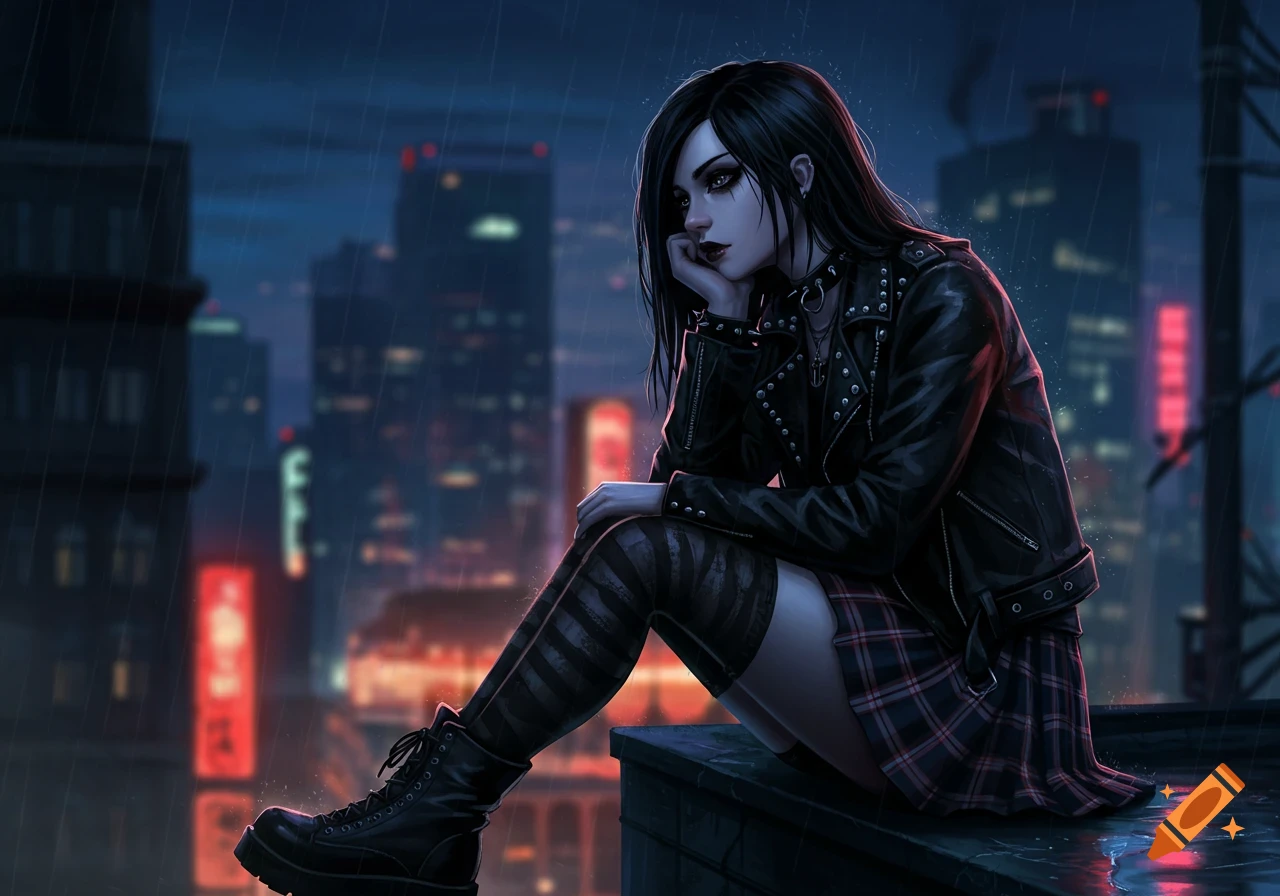 A gothic girl with dark hair and makeup sits on a rooftop in a rainy city at night, wearing a leather jacket and plaid skirt.