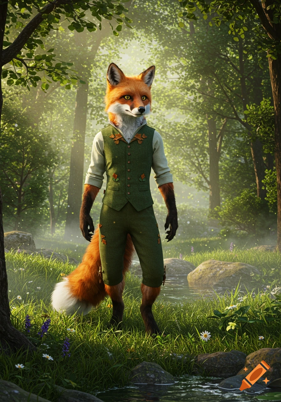 A photorealistic anthropomorphic fox in a green vest and knickerbockers stands in a lush, sunlit forest next to a stream.