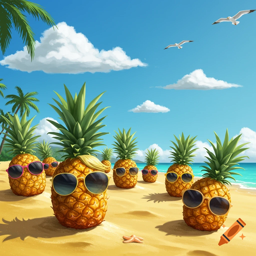 Eight anthropomorphic pineapples wearing sunglasses on a sunny tropical beach, one with blonde hair, with palm trees and seagulls in the background.