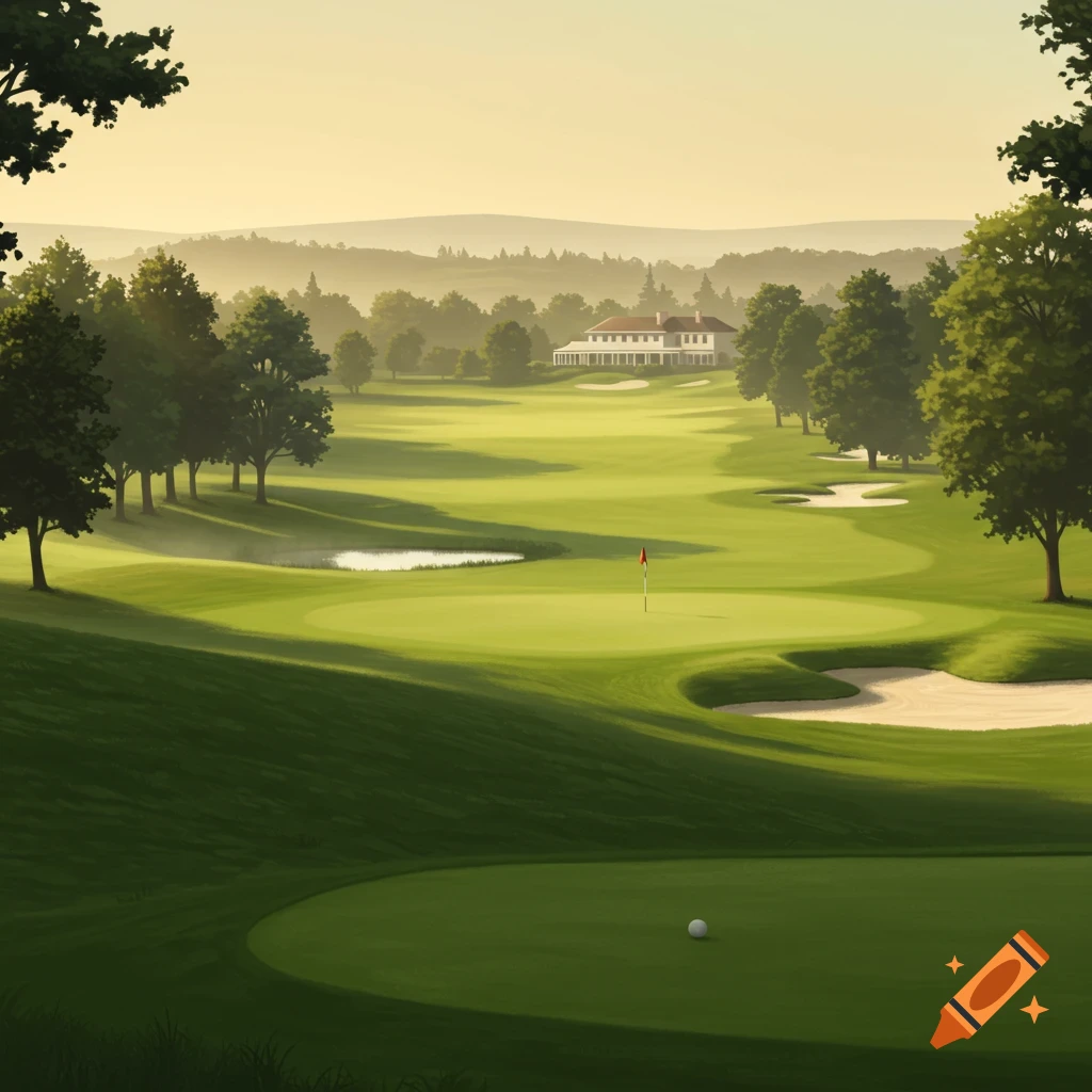 A scenic golf course at sunset, with a large clubhouse in the background and a golf ball on the green in the foreground.