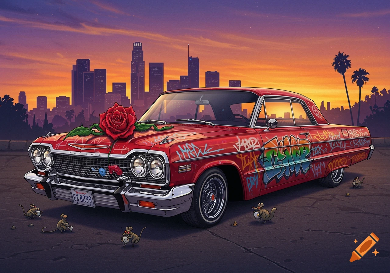 A red lowrider car with colorful graffiti, a large red rose on the hood, and several cartoon mice around it. The background features a Los Angeles skyline at sunset, with purple and orange hues in the sky and palm trees.