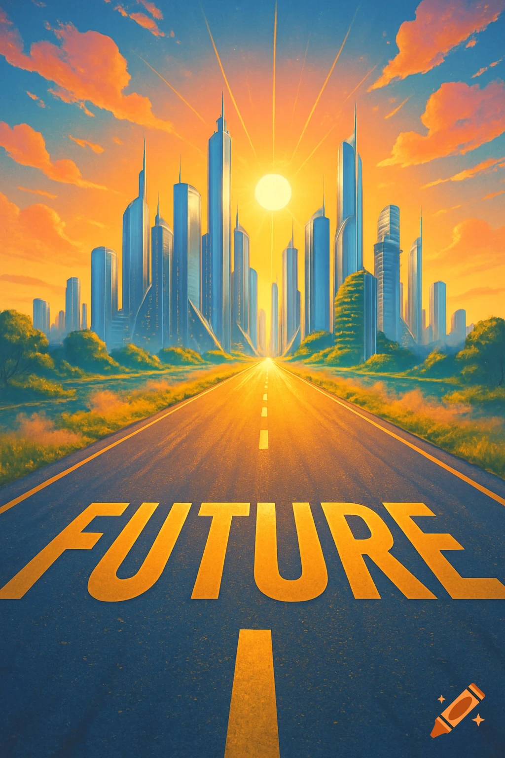 A road with 'FUTURE' written on it leads to a stylized futuristic city under a bright sunrise.