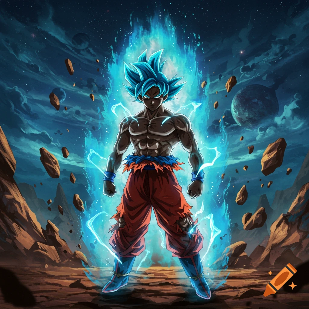 Goku, a black man with blue spiky hair, powers up with a blue aura on a rocky alien planet with floating rocks.