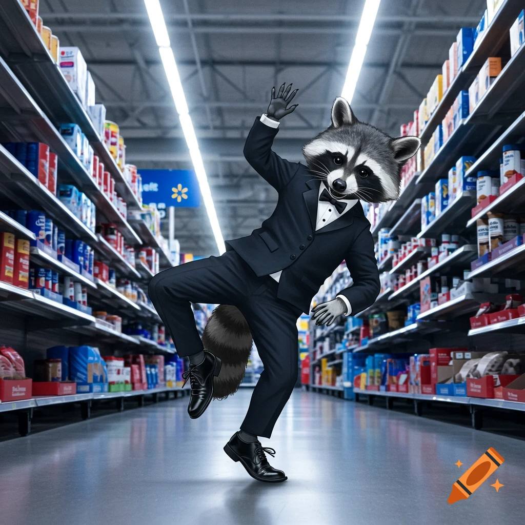 A photorealistic raccoon in a black tuxedo and bow tie performs a dynamic breakdancing move in the aisle of a Walmart grocery store.