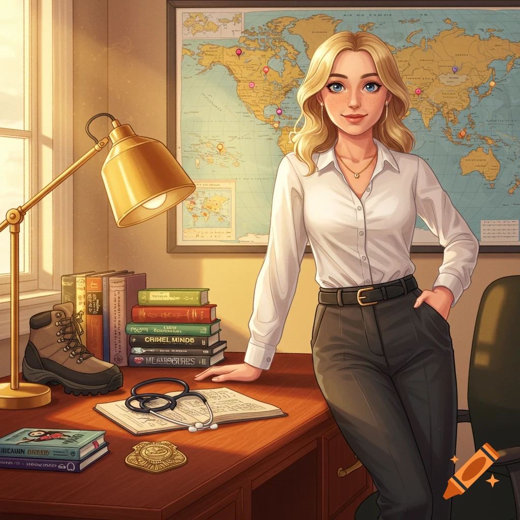 Illustrated blonde woman leaning on a desk with books, a stethoscope, a badge, and a hiking boot, a world map on the wall.