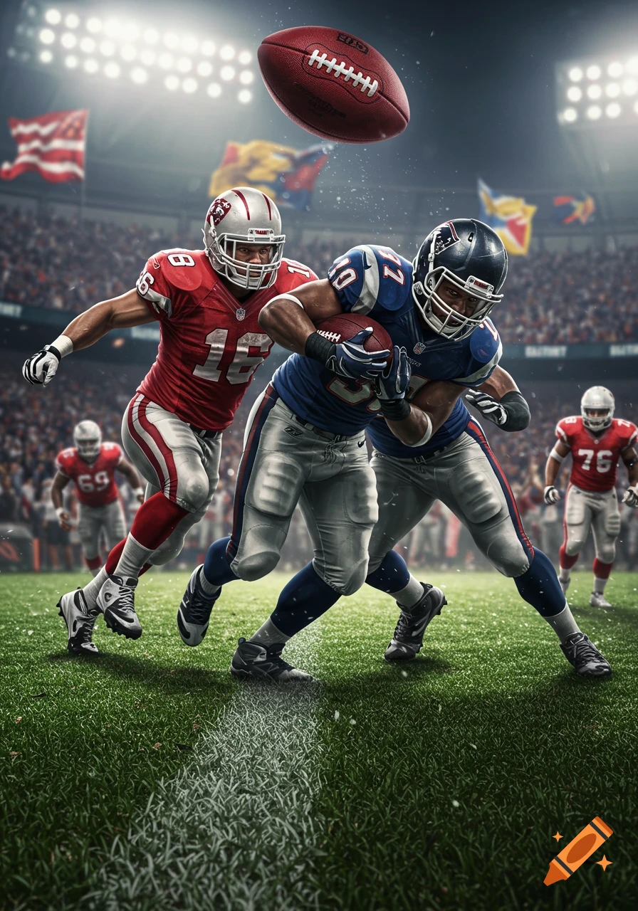Photorealistic image of two American football players, one in a blue jersey with the ball, being tackled by another in a red jersey, on a stadium field under bright lights.
