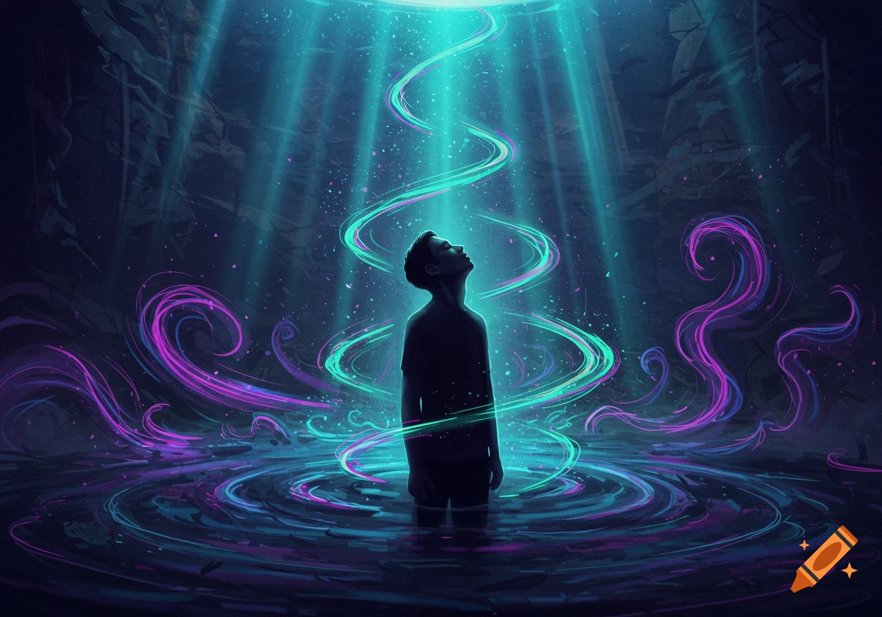 A silhouette of a person stands in water, looking up at vibrant blue light and swirling green and purple energy in a dark, mystical setting.