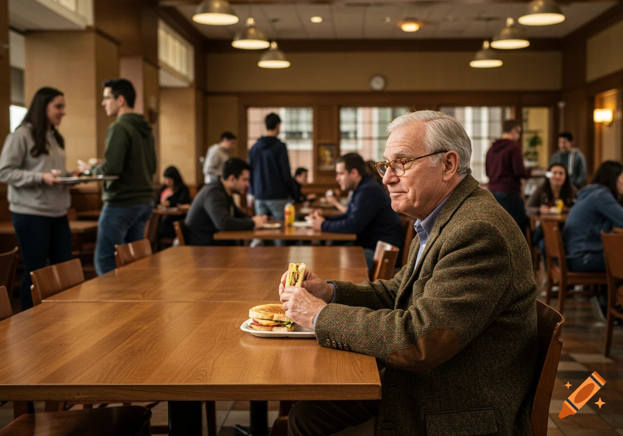 An older man eats a sandwich at a table in a bustling university cafeteria, with other people in the background. Photorealistic.