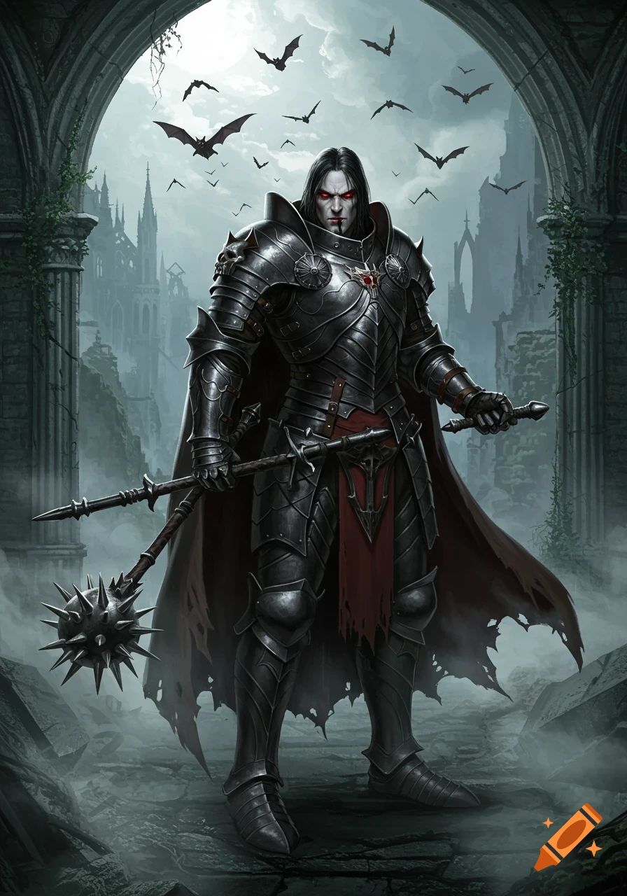A vampire warrior in dark armor holds a spiked mace amidst gothic ruins under a cloudy, bat-filled sky.