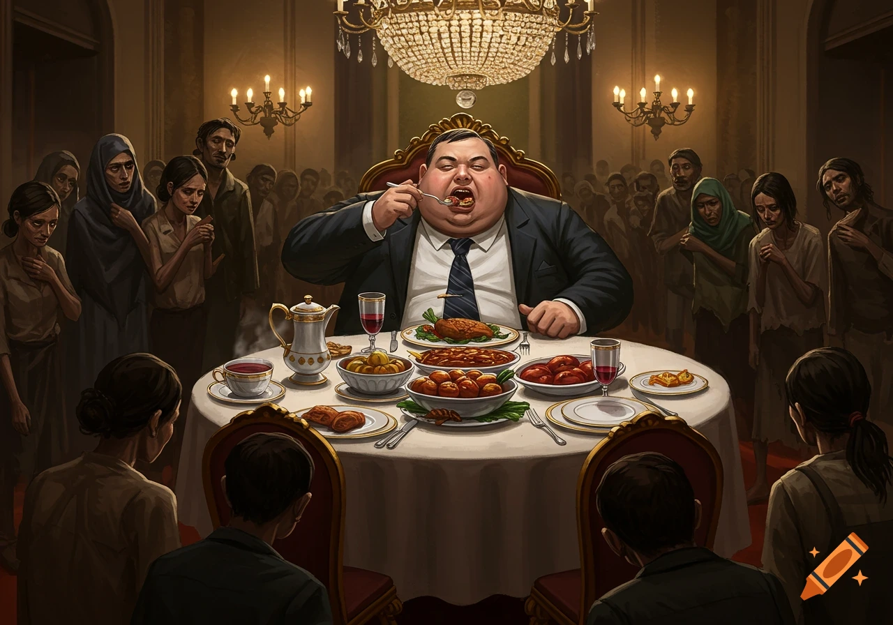 A fat man in a suit gorges on food at a lavish table in a grand room while thin, gaunt people watch.