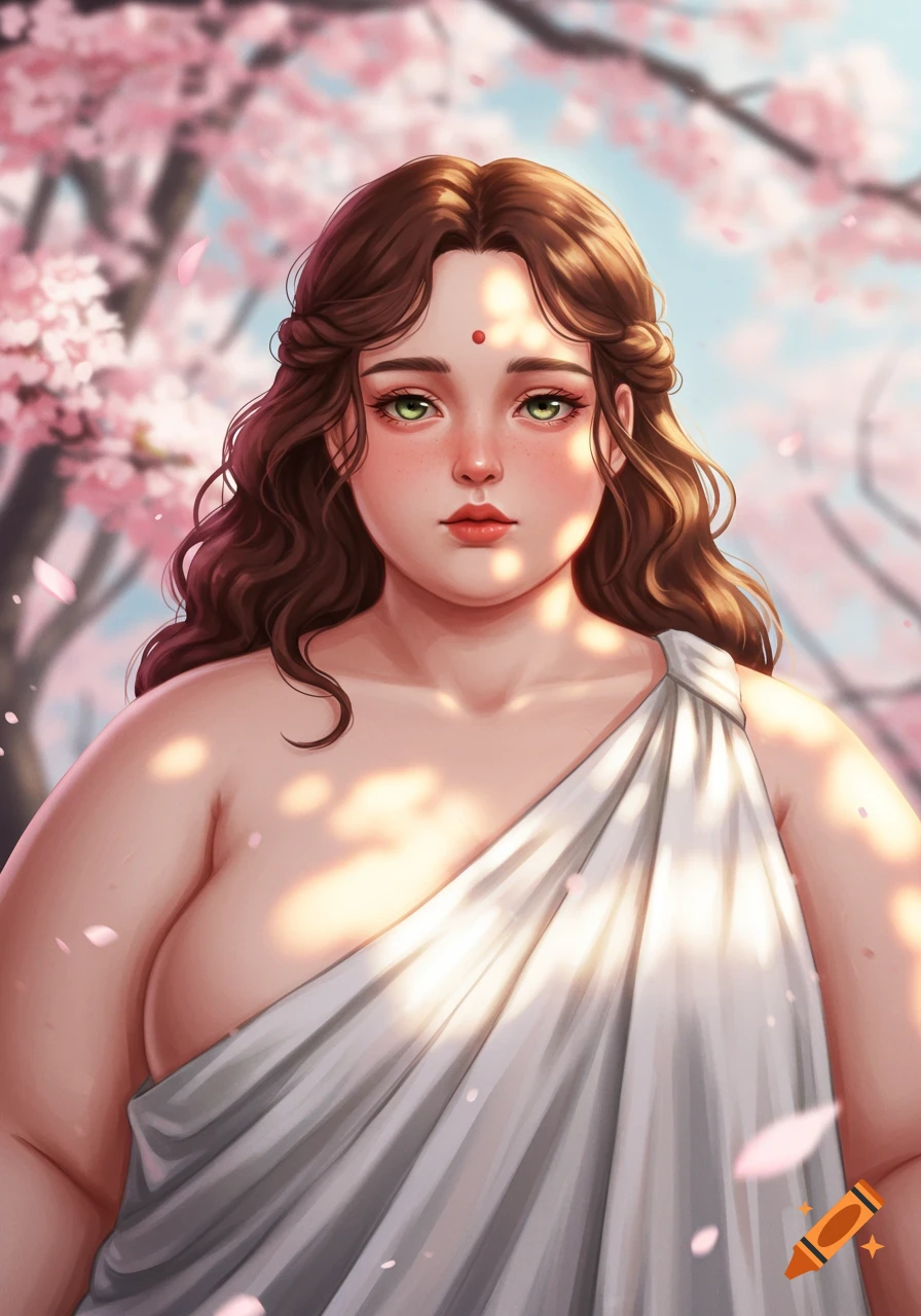 Anime portrait of a plump woman with brown hair, green eyes, wearing a white goddess dress in a cherry blossom garden.