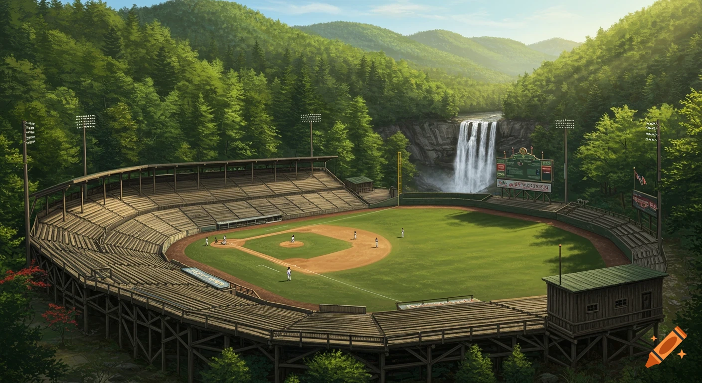 A baseball stadium nestled in a lush, green mountain valley with a large waterfall behind the right field wall.